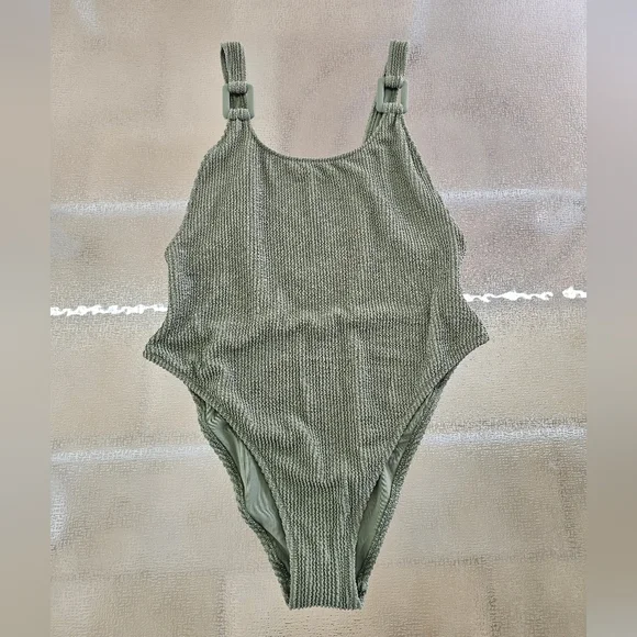 Aerie One-Piece Cheekiest Swim Olive Green Textured Luxe Minimalist Swimsuit - Picture 4 of 11